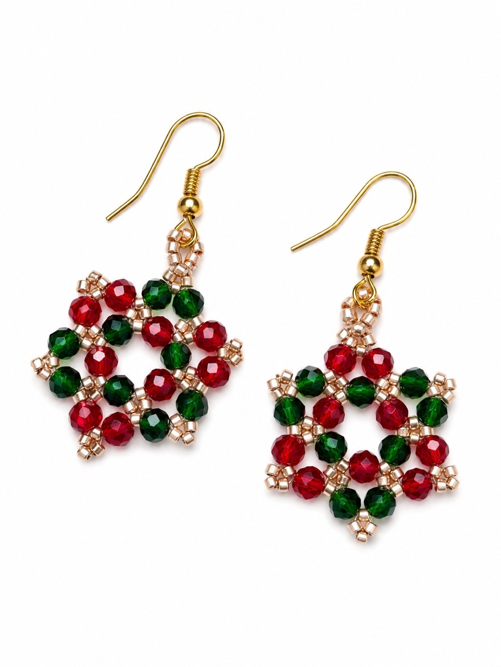Handmade Crystal Earrings Beads Red Green Gold Holiday